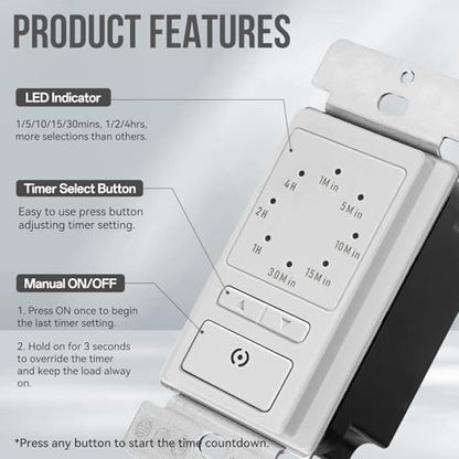 ECOELER Light Timer Switches, 15A Countdown in Wall Timer with Manual Override, 1-5-10-20-30-60 Min, 2-4 Hour Selectable, for Bathroom Exhaust Fan and Light, White, 4 Pack - color: White, size: 4 - Pack