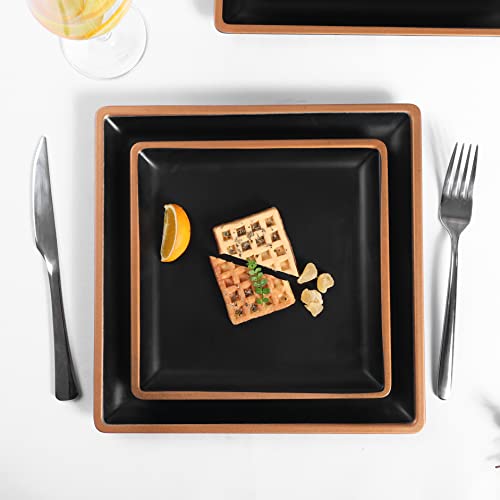 Melamine Dinnerware Sets Service for 4, Square Dinner Plates and Bowls Set - color: Metallic bronzed edge