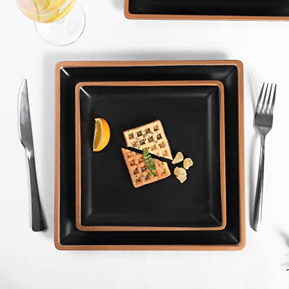 Melamine Dinnerware Sets Service for 4, Square Dinner Plates and Bowls Set - color: Metallic bronzed edge
