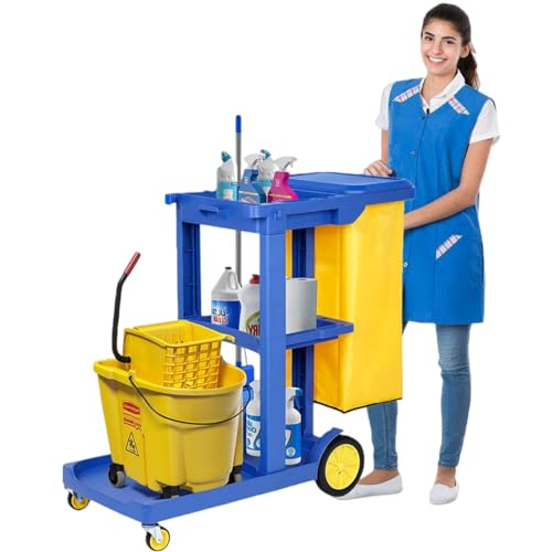 tonchean Commercial Janitorial Cart, 3-Shelf Housekeeping Cart with 22 Gallon Vinyl Bag & Cover, Large Cleaning Cart with Wheels for Hotel, Store, School, Office