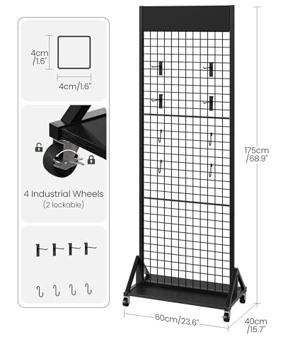 CHOEZON Grid Wall Panel, 2’ x 5.7’ Ft Floor Standing Gridwall Display Rack, Retail Display Stand, with 4 S-Shaped Hooks and 4 Garment Hooks, for Entryway, Study, Kitchen, Outdoors, Black TCJ27BB