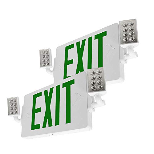 LFI Lights® Thin COMBO UL 924 Listed, Green LED, Exit Sign with Emergency Lights, White, 120-277VAC Hardwired with Battery Backup, Optional Double Face and Knock Out Arrows COMBOTGWBB 2 Pack - size: 2 Pack