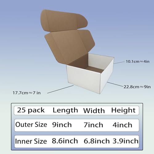9x7x4 inch Shipping Boxes Set of 25, White Corrugated Cardboard Mailer Box - size: 9x7x4 -25 Pack