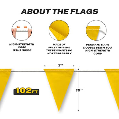 OSHA Perimeter Marking Flags (102FT string) Warn of hazardous areas, traffic control.Marking construction sites, scaffolding, sporting events, private property. - color: Yellow, size: 7"x10"x102Ft