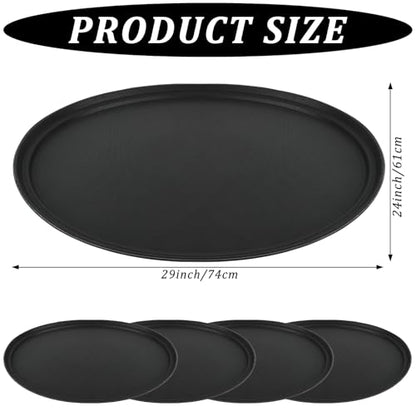 4Pcs 24 Inch x 29 Inch Large Restaurant Serving Trays, Black PP Plastic Non Slip Tray,Oval Plastic Food Serving Tray with Raised Edges for Home Kitchen Restaurant Cafeterias Fast Food Service