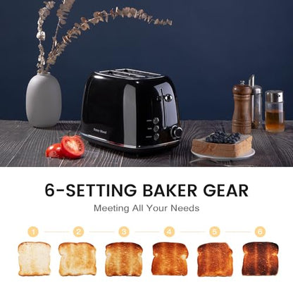 Roter Mond 2 Slice Toaster Retro Stainless Steel with Bagel, Cancel, and Defrost Functions, 6 Bread Shade Settings, Extra Wide Slots and Removable Crumb Tray, Black - color: Black