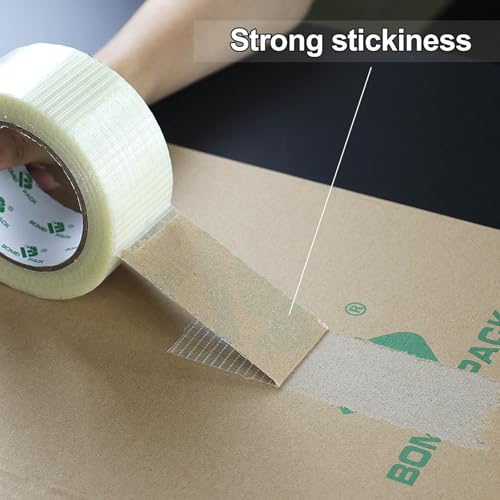 BOMEI PACK Transparent Bi-Directional Filament Strapping Tape 6.7 Mil x 1.88 Inch x 36yds Fiberglass Reinforced Tape for Strapping， Sealing，Binding, 1Pack