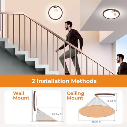 BLNAN Motion Sensor Ceiling Light Wired, 8.7 Inch 3000K 4000K 5000K Selectable LED Flush Mount Light Fixture, Motion Activated Light with Timer for Hallway Stair Walk-in Closet, Non-Dimmable - Walnut - size: 8.7inch-1pack Walnut