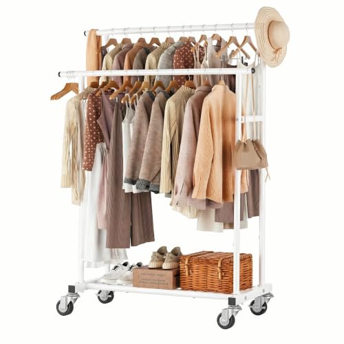 Calmootey Rolling Garment Rack, Sturdy Clothes Organizer for Bedroom - color: White, style: Double Rods