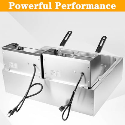 Commercial Electric Deep Fryer, 12L Dual Tank Stainless Steel Countertop Deep Fryer with 2 Baskets & Lids, 5000W Restaurant Deep Fryer with Independent Temperature Control for Restaurant Snack Bar