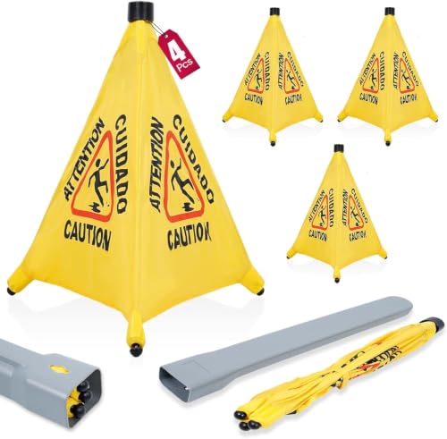 4 Pack 20 Inch Pop Up Wet Floor Signs, Wall Mounted Foldable Safety Signs