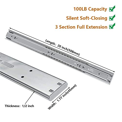 LONTAN 1 Pair Soft Close Drawer Slides 20 Inch Heavy Duty Cabinet Rails - color: Silver-Soft Close, size: 20 Inch - Drawer Slide