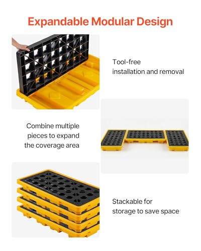 VEVOR Spill Containment Pallet, 2 Drum Low Profile Spill Containment Modular Platform, 21 Gallon Sump, 4409 lbs Load Capacity, Heavy-Duty Polyethylene Tray with Drain, 51.8" x 26.8" x 5.9", Yellow