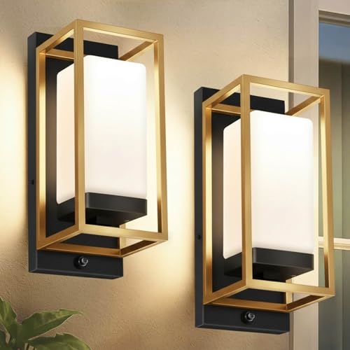 RAYVO Dusk to Dawn Outdoor Wall Lights 2 Pack, LED Bulb Included, E26 Base - color: Black Gold