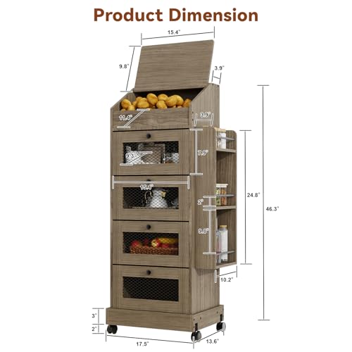 ARTETHYS Potato Storage Bin 5-Tier Rolling White Bread Box with Side Rack - color: Gray