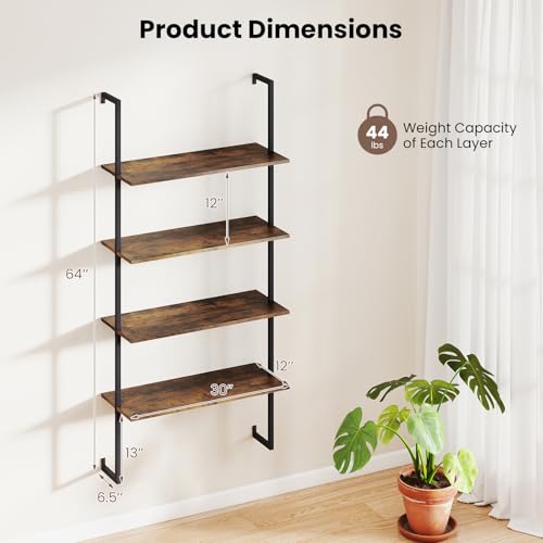 Tangkula 4-Tier Wall Mounted Bookshelf, Wood Ladder Shelf - color: Brown