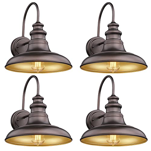 Outdoor Barn Light Fixture Farmhouse Wall Mount Light Wall Sconce Exterior Wall Lighting Fixture Industrial Bronze Finish Lantern for Porch with Gold Interior, 4Pack, RZ004-4PACK ORB - color: Oil-Rubbed Bronze, size: 13-RZ004-4PACK(Not Dusk to Dawn)