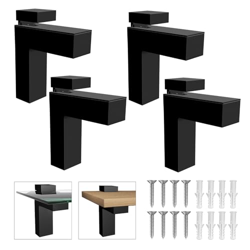Heavy Duty Floating Wood/Glass Shelf Bracket 4 Pcs, Adjustable Glass Shelves Mounting Brackets for 3-28mm Thickness, Rust Resistant Zinc Alloy Clamp Support (25lbs Load) for Bathroom (Set of 4) - color: Black, size: 4 Pieces