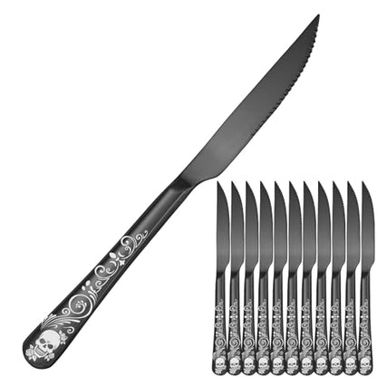 Skull Ultra Sharp 2-IN-1 Serrated Knives, SANLUNS Chef Knife Set Serrated Knives of 12 - Professional Design Collection - 18/0 Stainless Sharp Dinner Knive Unique Skull Pattern Design - color: 10-Steak Knife-12Pc-Black-Skull