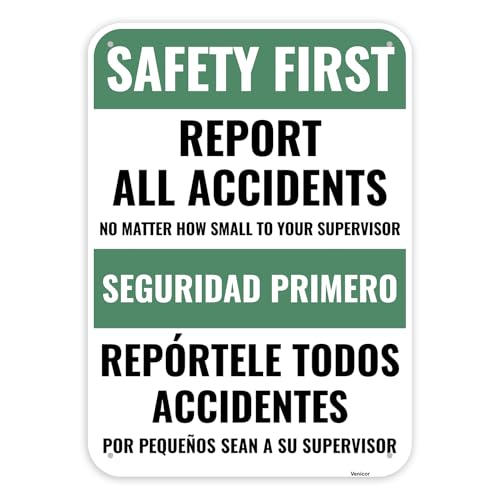 1PC Safety Sign, 14 x 10 Inches - Aluminum - Safety Decorations Posters For Workplace - Bilingual Spanish - color: Report All Accidents
