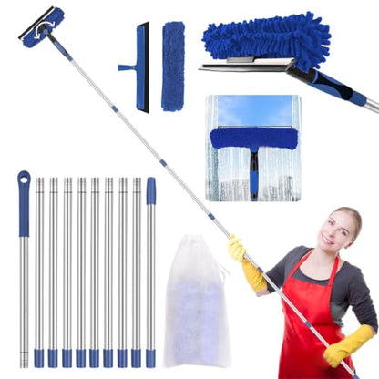 Window Washing Kit with Extension Pole: 3 in 1 Window Squeegee 20+ Ft Reach - color: Blue
