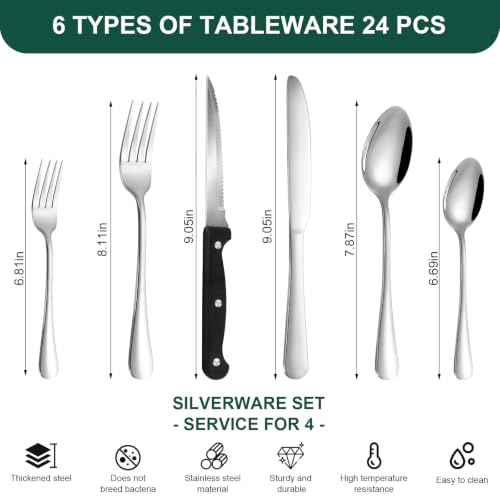 24-Piece Silver Silverware Set with Steak Knives Stainless Steel Flatware Set for 4 Food Grade Tableware Cutlery Set Rust-proof, Mirror Polished, Dishwasher Safe - size: 24Pcs-B