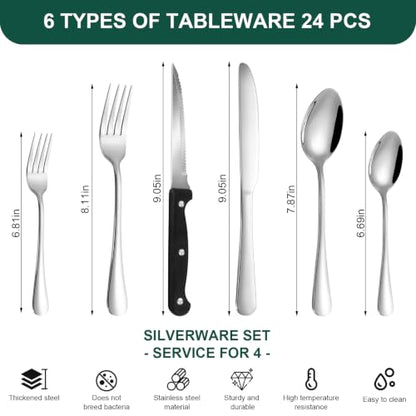 24-Piece Silver Silverware Set with Steak Knives Stainless Steel Flatware Set for 4 Food Grade Tableware Cutlery Set Rust-proof, Mirror Polished, Dishwasher Safe - size: 24Pcs-B