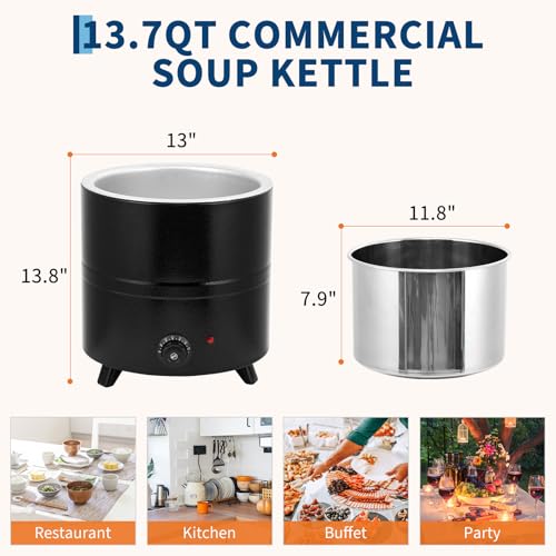 13.7QT Commercial Electric Soup Kettle Warmer, Stainless Steel Removable Pot with Hinged Lid & Anti-Scald Handle, Constant Temperature Food Warmer for Restaurant, Buffet, Catering, Banquet