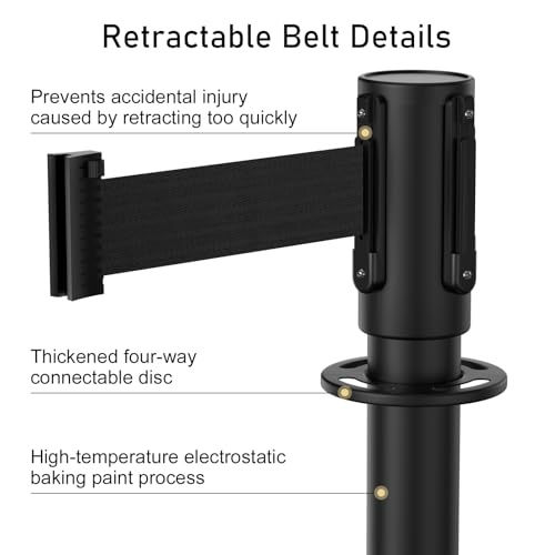 2Pack Stanchions with Retractable Belt and 2Pcs Hemp Rope (Black) - color: Black