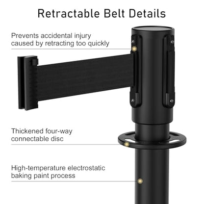2Pack Stanchions with Retractable Belt and 2Pcs Hemp Rope (Black) - color: Black