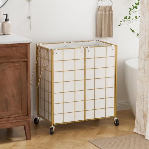 WOWLIVE Double Laundry Hamper with Wheels, Metal Rolling Laundry Basket - color: Golden, size: 120l