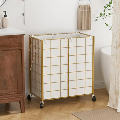 WOWLIVE Double Laundry Hamper with Wheels, Metal Rolling Laundry Basket - color: Golden, size: 120l