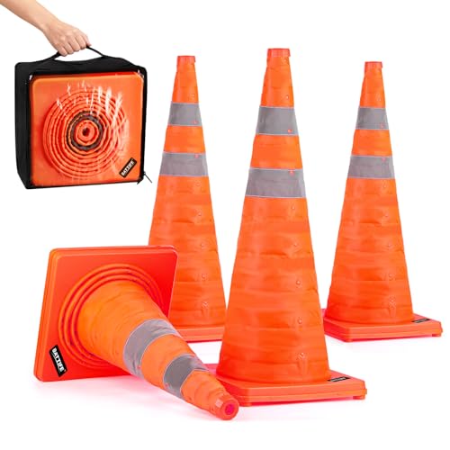 BATTIFE 4 Pack 28 Inch Collapsible Traffic Cones, Orange Safety Cones - color: Orange, size: 28inch