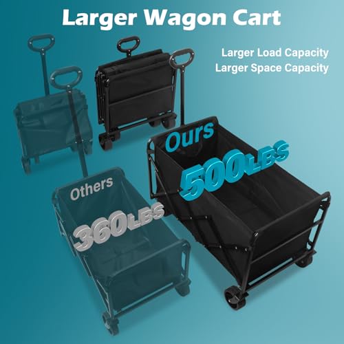 Collapsible Wagon Cart with Wheels Foldable: 500LBS Heavy Duty Folding Utility Wagon - Portable All Terrain Grocery Wagon Cart for Groceries Shopping Outdoor Camping Sports (Black-500Lbs) - color: Black-500bl