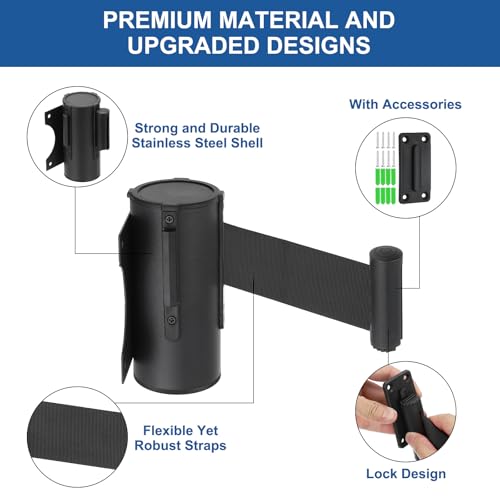 MECCANIXITY Wall Mount Retractable Belt Barrier 9.84ft Crowd Control Belts - color: Black/Black, size: 9.84 ft