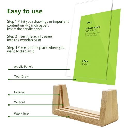 2 Pack 4x6 U-shaped Acrylic Sign Holder with Wood Base Menu Holder Flyer Holder Poster Stand Photo Stand (4*6) - size: 4*6