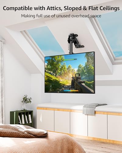 MOUNTUP Ceiling Monitor Mount for 13-32'', Max 22lbs Sceen, Flip Down Computer Monitor Mount, Folding Ceiling Mount with Full Motion Tilt Swivel Rotation, for Garage, Workshop, Sloped & Flat Ceilings
