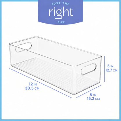 Plastic Food Storage 2 Pack Clear Container Bin with Handles for Organizing Kitchen, Pantry, Refrigerator, Freezer, Pantry, Cabinet, Closet, Bathroom. 12”x6”x5” - size: 12x6x5