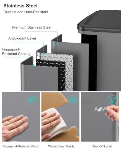 Dual Trash and Recycling Bins for Kitchen, 19+8 Gallon (72+30L) Stainless Steel Trash and Recycle Bin Combo with Soft-Close Lid, Large Garbage Cans for Kitchen Home with 2 Magnets Sticker, Gray - color: Gray