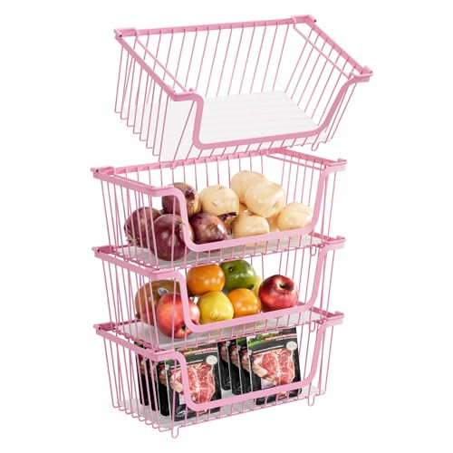 4 Pcs Stackable Wire Baskets for Pantry Organizers and Storage, Pink - color: 1-pink