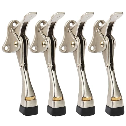 Kickdown Door Stopper 4 Inches - 4 Packs One Touch Adjustable Height Door Stop for The Bottom of Door Aluminum Alloy Metal Door Stopper with Rubber Tip & Wall Protectors for Wide Doors Satin Nickel - color: Satin Nickel