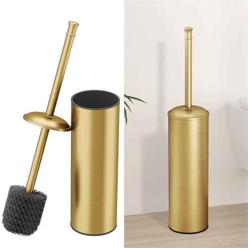 BESy Toilet Brush and Holder, Toilet Cleaner Bowl Set with Two Brush with Extra Long Handle, Durable Bristles Toilet Scrubber and Covered Holder, Drip-Proof Stainless Steel Brushed Gold - color: Brushed Gold