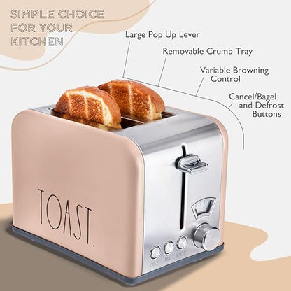 Rae Dunn Toaster, Stainless Steel 2 Slice Square Toaster, Wide Slot with 5 Browning Levels, with Bagel, Defrost and Cancel Options (Blush) - color: Blush