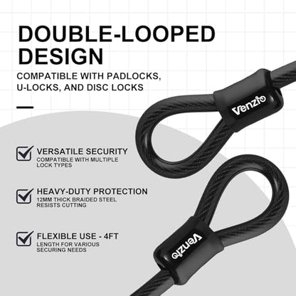 Venzio Heavy Duty 4FT 12mm (1/2 inch) Bike Lock Cable with Loops - size: 4FT