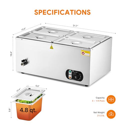 WILPREP Commercial Food Warmer with Four 1/4 Pans, 1500W Countertop Electric Steam Table, 86-185°F Adjustable Temp Control & Over-Temp Protection, Stainless Steel Buffet Bain Marie - size: 1/4 pan*4