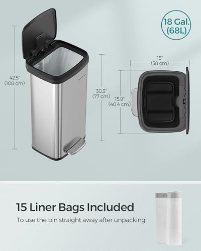 SONGMICS Kitchen Trash Can, 18-Gallon Stainless Steel Garbage Can, with Stay-Open Lid and Step-on Pedal, Soft Closure, Tall, Large and Space-Saving, Silver and Black ULTB520E68 - color: Silver + Black, style: 18 Gallons