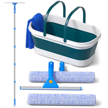 Professional Window Glass Cleaning Kit with 14" Window Squeegee & 15" Scrubber, 3 Gallon Collapsible Bucket, 76 Inch Spliced Pole Complete Glass Washing Tools for Indoor Outdoor Home Car Cleaning