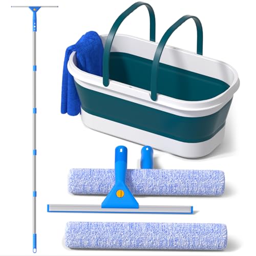 Professional Window Glass Cleaning Kit with 14" Window Squeegee & 15" Scrubber, 3 Gallon Collapsible Bucket, 76 Inch Spliced Pole Complete Glass Washing Tools for Indoor Outdoor Home Car Cleaning