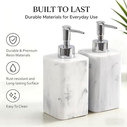 YMXYJM 2 pcs Hand Soap Dispenser Set, 11oz Refillable Resin Liquid Soap Dispensers with Rustproof Pump, Lotion Dispenser Includes Silicone Funnel for Bathroom Countertop or Kitchen, Marble-Effect - color: Marble White