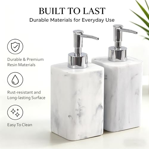 YMXYJM 2 pcs Hand Soap Dispenser Set, 11oz Refillable Resin Liquid Soap Dispensers with Rustproof Pump, Lotion Dispenser Includes Silicone Funnel for Bathroom Countertop or Kitchen, Marble-Effect - color: Marble White